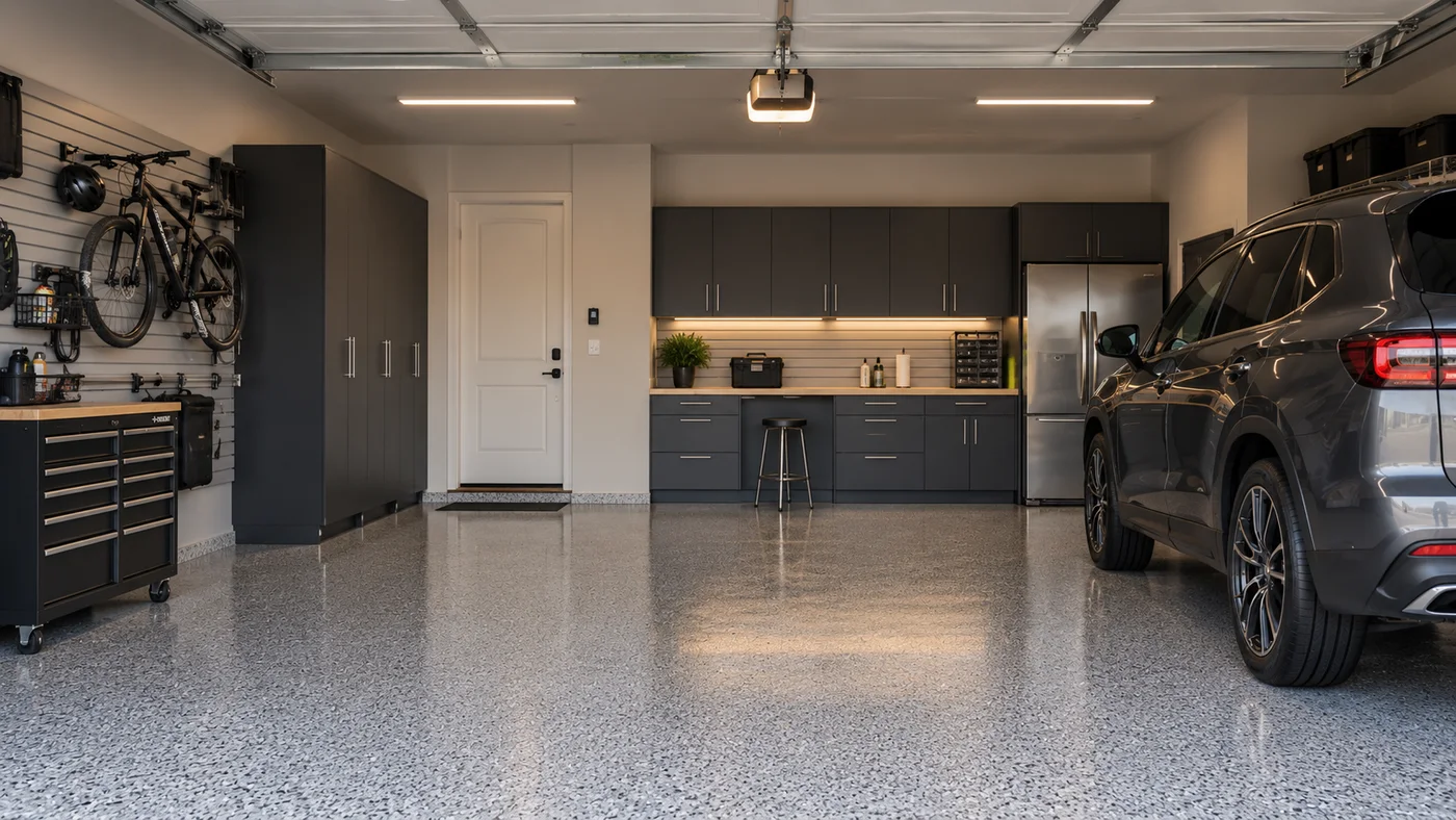 The same garage with a grey flake floor coating and new cabinets