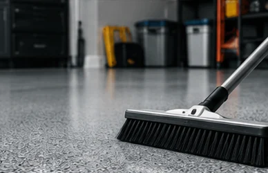 Push broom sweeping a coated garage floor
