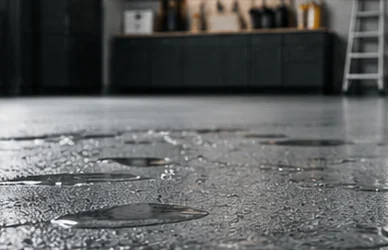 Water beading on a flake-coated garage floor