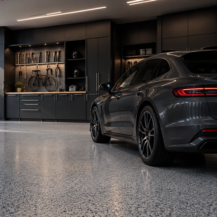 Garage with cabinets and a coated floor