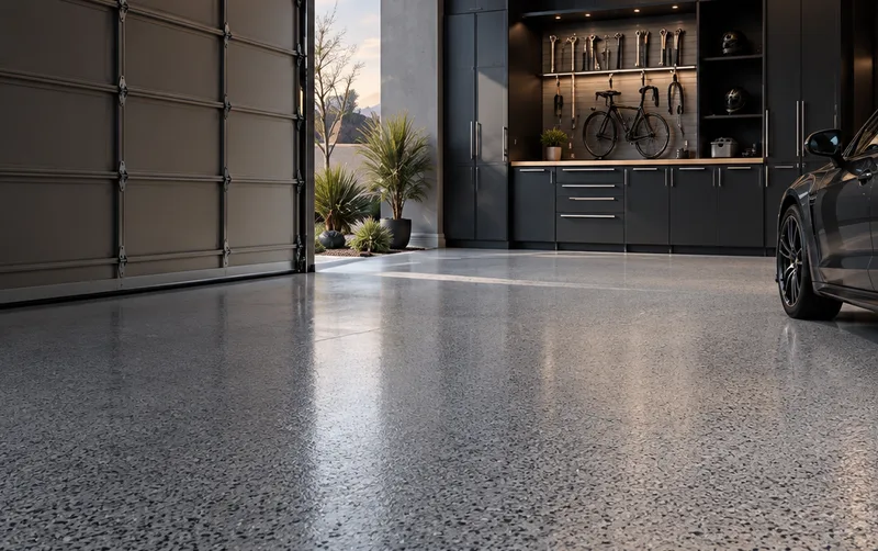 Garage with a grey flake floor