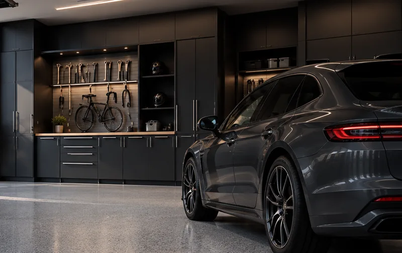 Garage with dark cabinets and a coated floor