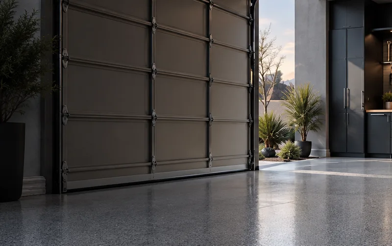 Open garage door onto a coated floor