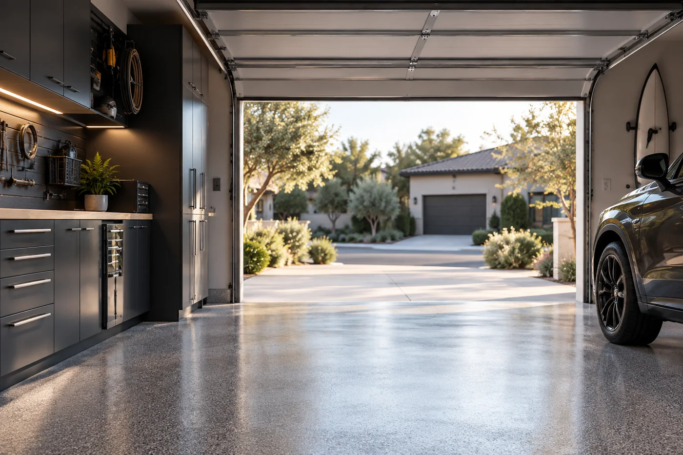 Open garage with a grey flake-coated floor and dark cabinets, looking out to the driveway